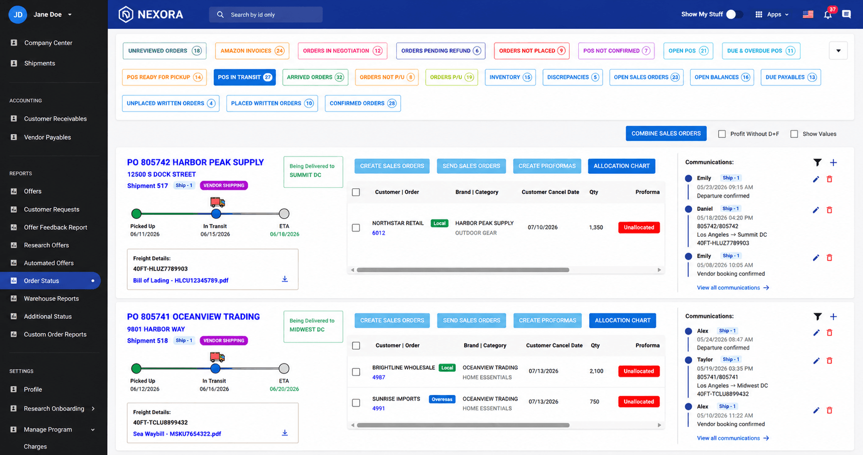 Purchase order tracking view with shipment timeline and communications